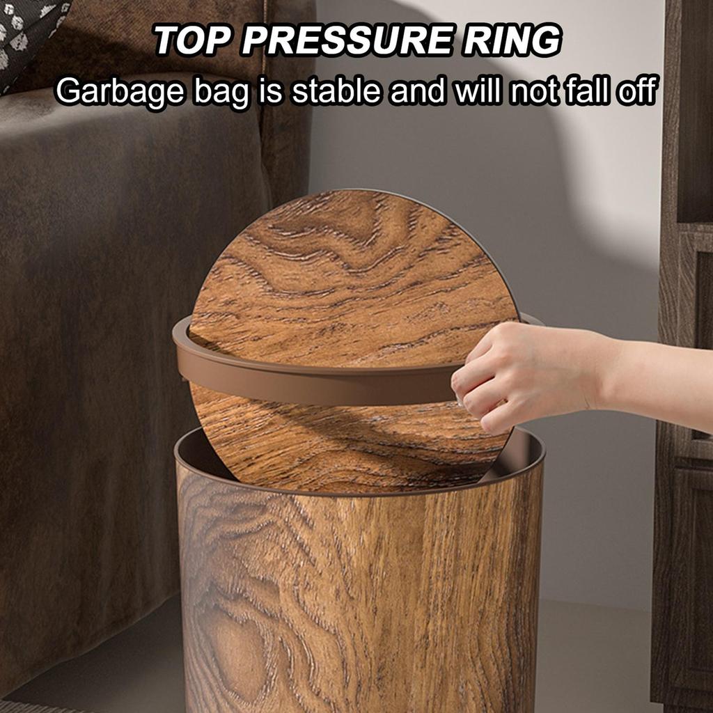 Wood Grain Garbage Can with Swing Lid Wood Grain Kitchen Trash Can Wastebasket Retro Waste Paper Rubbish Trashcan for Bedroom