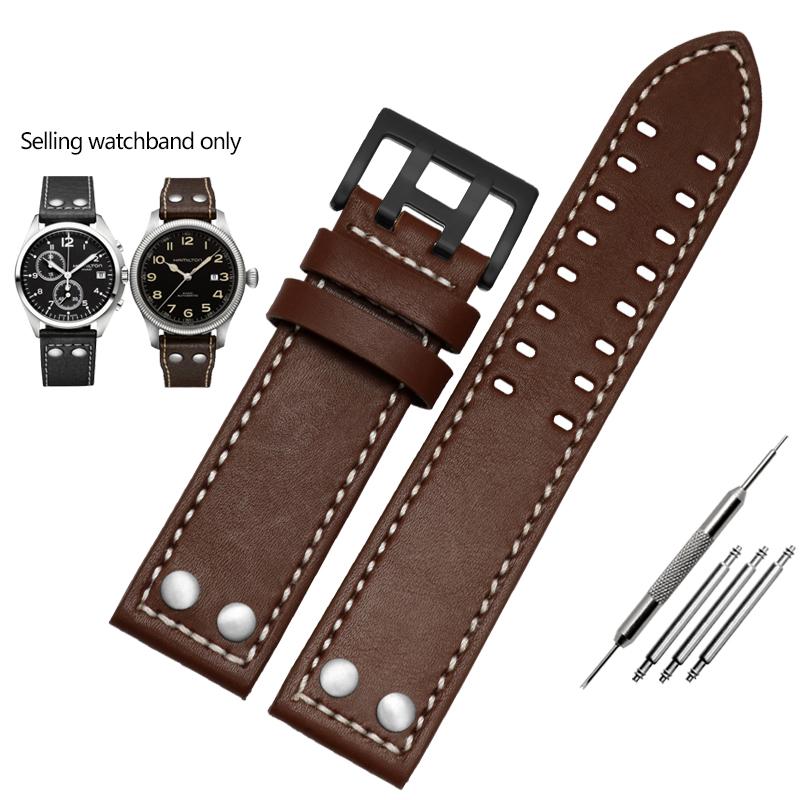 ОДИННатуральная кожаный ремешок для часов Hamilton Khaki Aviation Field Series Мужской ремешок Браслет с заклепками Коричневый 20мм 22ммMN