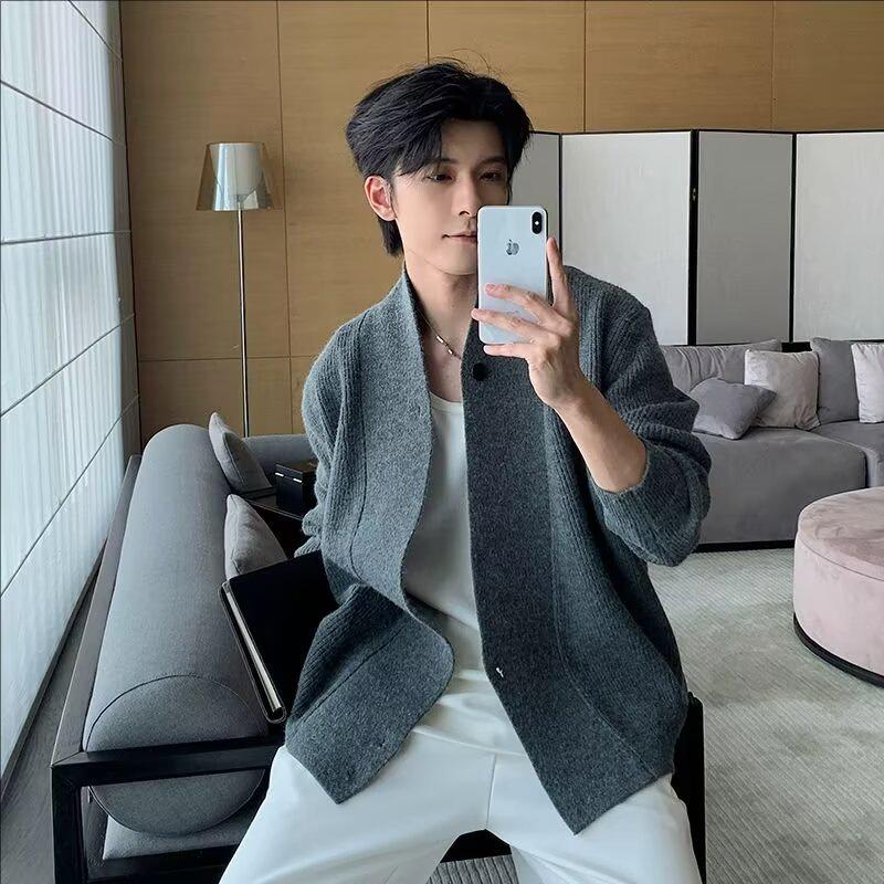 Мужской ретро-кардиган в японском стиле - Осенне-зимний тяжелый вязаный халат с диагональной планкой