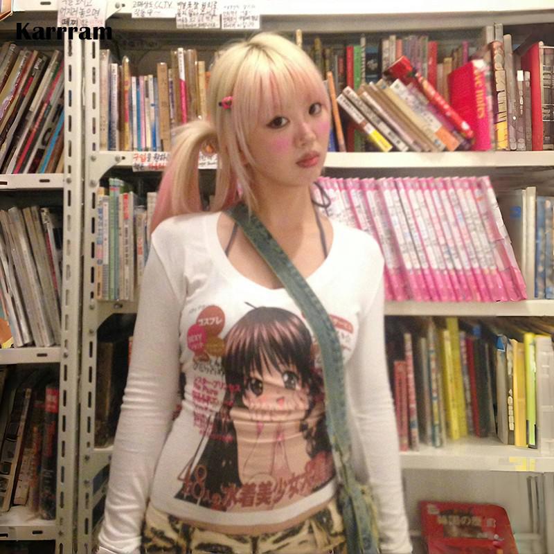 VAYLA Японская футболка с аниме-принтом в стиле Y2k, эстетика 2000-х, футболка с длинным рукавом, винтажный Харадзюку, V-образный вырез, белые топы, кавайи, лолита