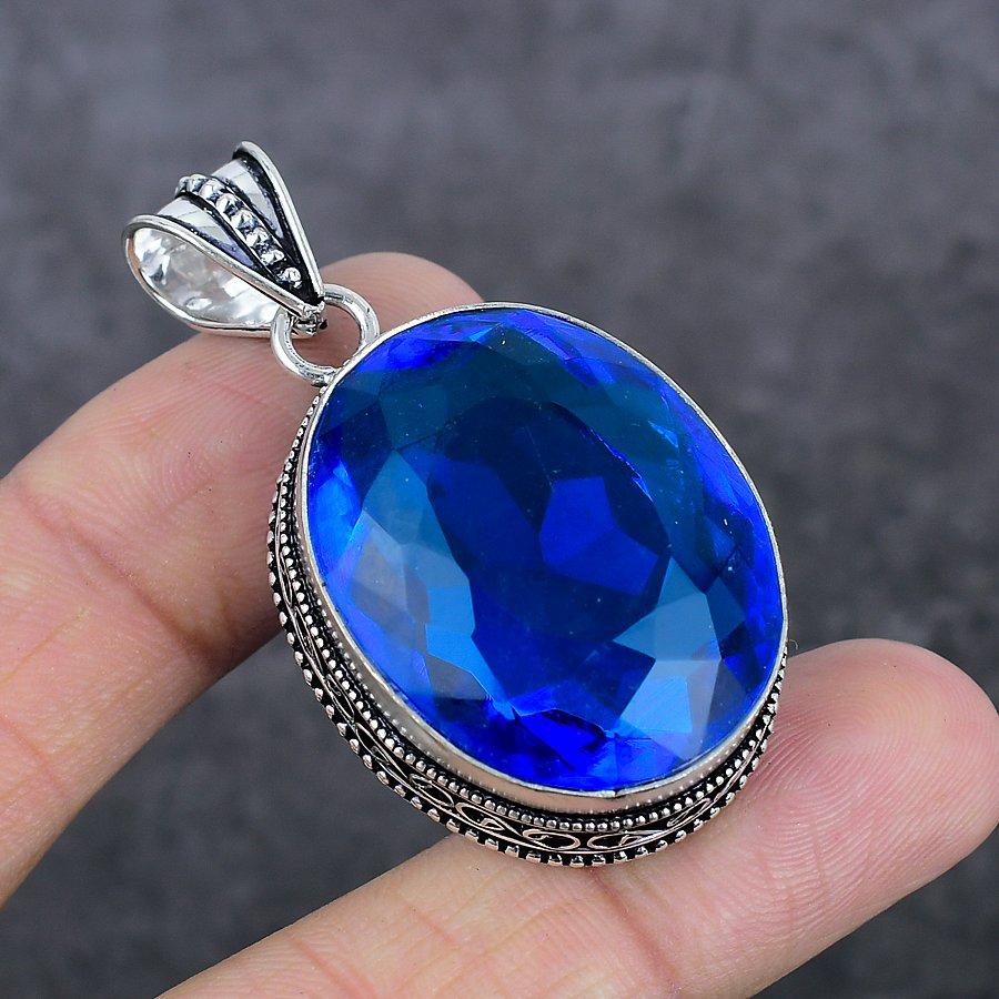 Natural London Blue Topaz 925 Sterling Silver Jewelry Pendant 2.05" r4G47
