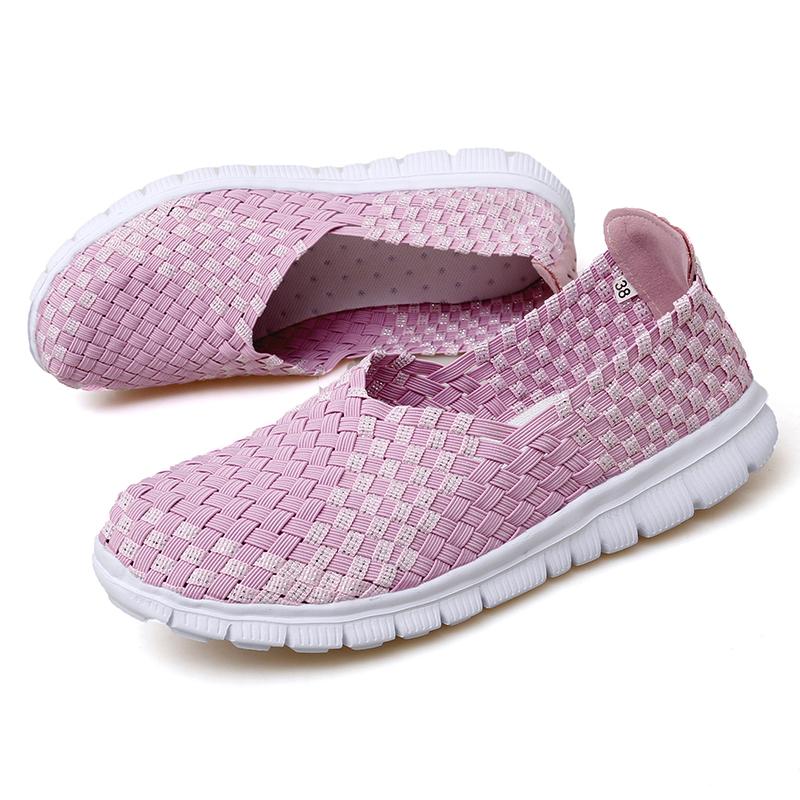 Летние мокасины, розовые пляжные прогулочные туфли, женские повседневные плетеные мягкие лоферы без шнуровки, плетеные кроссовки на плоской подошве