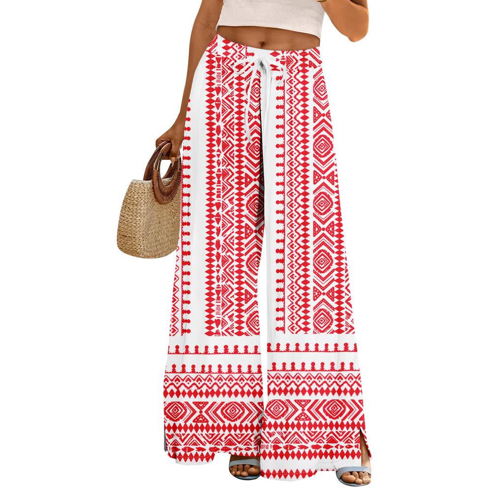 Women Summer Boho Palazzo Pants High Waist Wide Leg Floral Printing Casual Trousers With Pockets