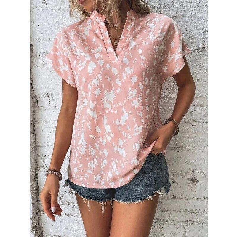 V Neck Fashion Leopard Print Women Tops Vintage Short Sleeve Blouse Loose Lady Shirts Office Casual Clothes Blusas Mujer 25584