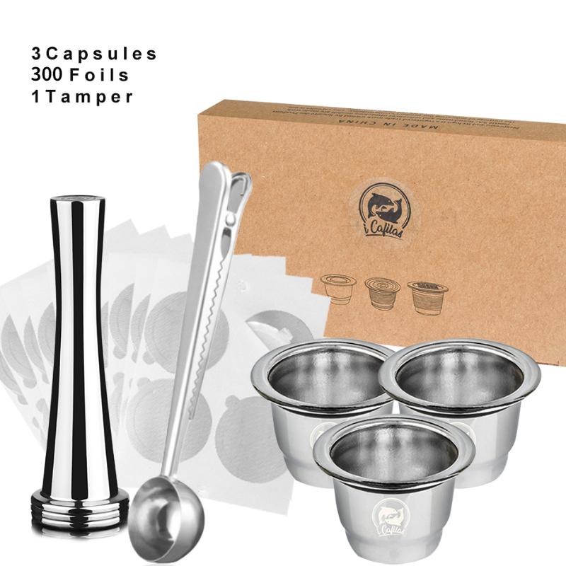 i Cafilas [NESC02] Использование 2 в 1, совместимо с капсульным фильтром Nespresso, многоразовые капсулы для кофе Crema, капсулы, тамперный зажим с крышками Reusbale, фольга