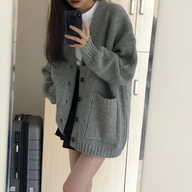 Осенне-зимний женский кардиган, свитер, пальто, модные женские свободные вязаные куртки с длинным рукавом и v-образным вырезом, повседневный свитер, кардиганы