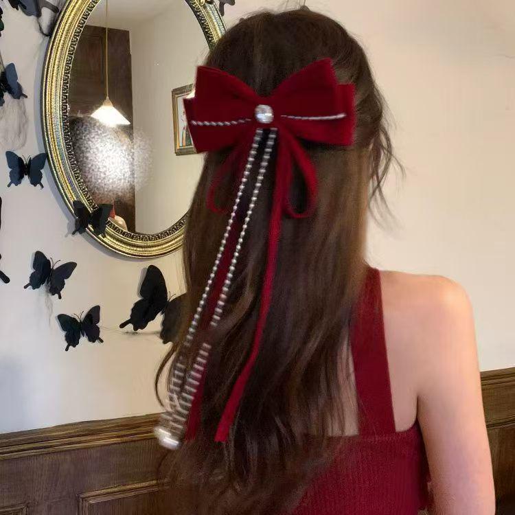 Красная бархатная заколка-бант в виде снежинки - Праздничный аксессуар для волос для женщин