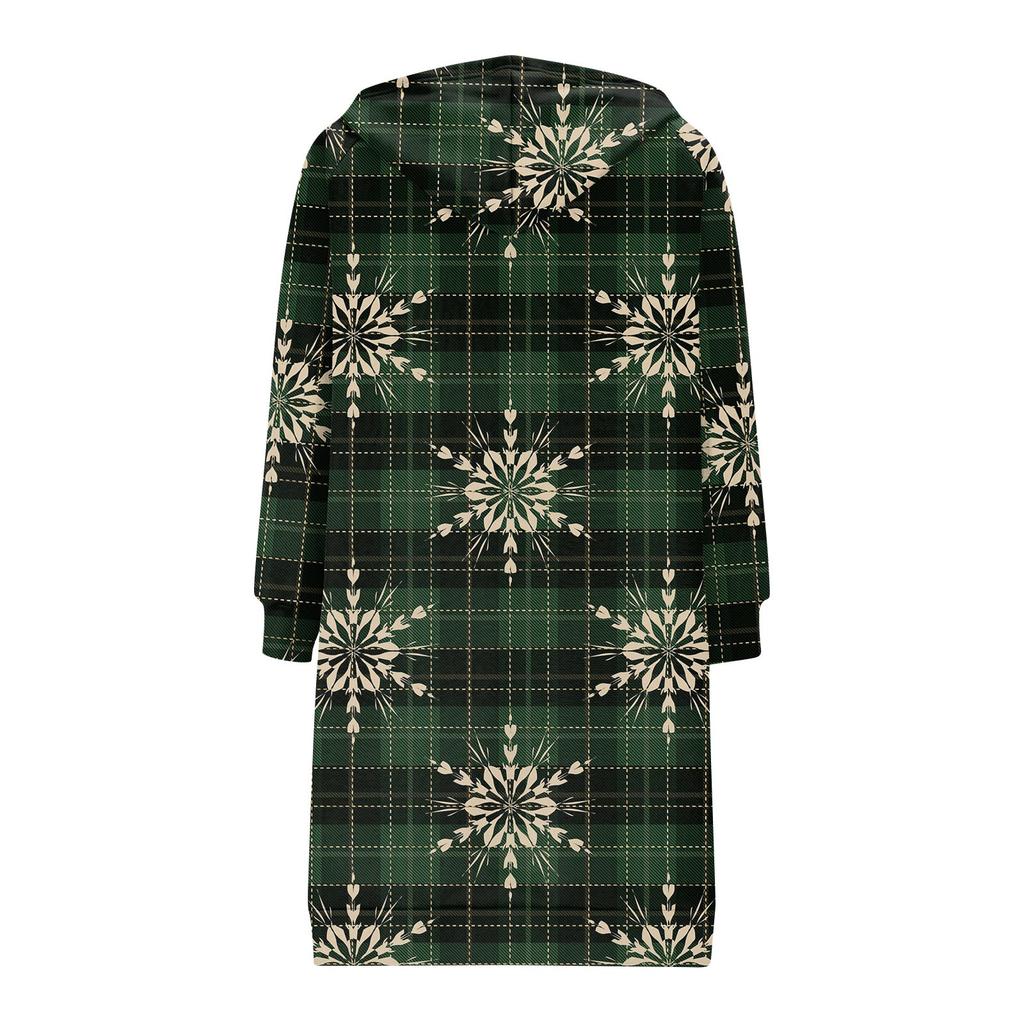 Women's Fashionable Christmas Printed Long Sleeved Drawstring Hooded Zipper Pocket Long Casual Sweatshirt Jacket