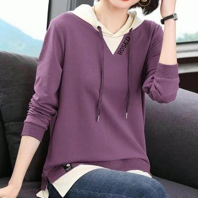 Женская модная повседневная однотонная футболка с капюшоном, осенняя новинка, простота, поддельные топы из двух предметов, женская одежда