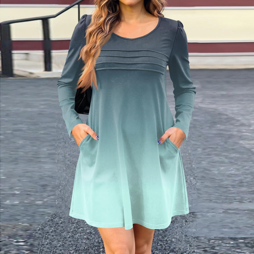 Женское платье с длинным рукавом, осеннее повседневное, футболка, свободного кроя, с плиссировкой спереди, платья с карманами