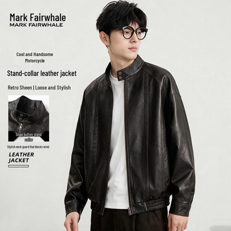 MARK FAIRWHALE Men's Retro Stand-Collar PU Leather Jacket