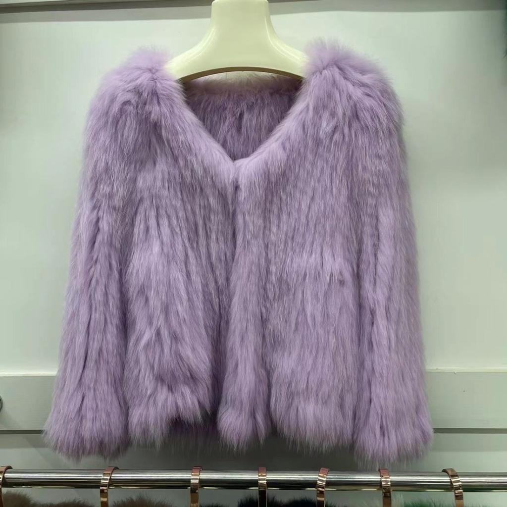 Модное пальто из плетеного натурального лисьего меха для женщин, короткий стиль, удлиненная передняя часть и короткая задняя часть, V-образный вырез, двусторонний мех, молодежный топ