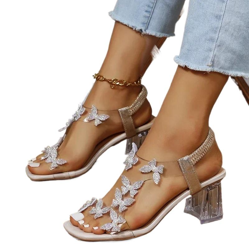 Модные женские сандалии из ПВХ с кристаллами и цветочным декором, толстый каблук, открытый носок, ремешок сзади, эластичная лента, элегантная модная женская обувь