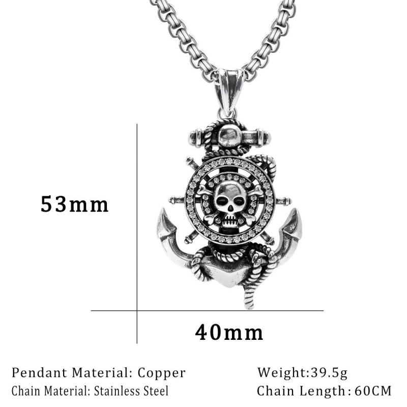 Vintage Skull Pendant Necklace Women Men Gothic Punk Jewelry Copper Heavyweight Statement Piece With Pearl Chain