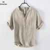 Men's Retro V-Neck Linen Stand Collar Short Sleeve T-Shirt - Plus Size, Thin & Breathable