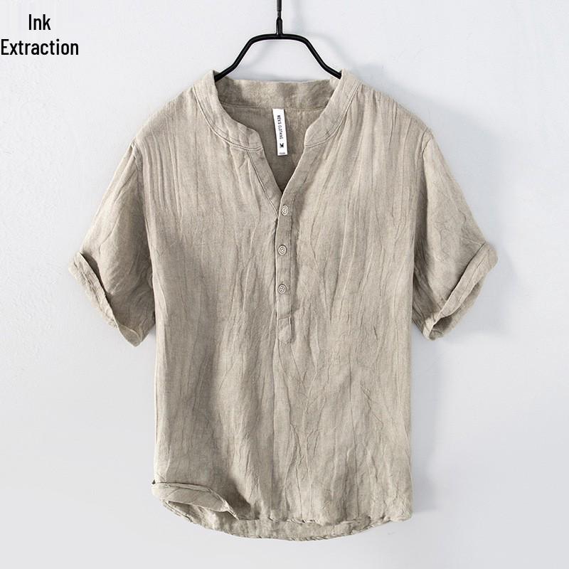 Men's Retro V-Neck Linen Stand Collar Short Sleeve T-Shirt - Plus Size, Thin & Breathable