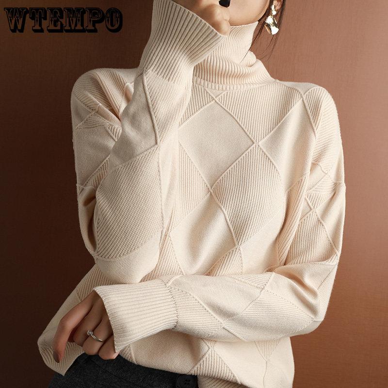 WTEMPO Свитер с высоким воротником, утолщенный теплый женский вязаный пуловер, свободный джемпер с длинными рукавами, рубашки с верхом и низом на осень и зиму