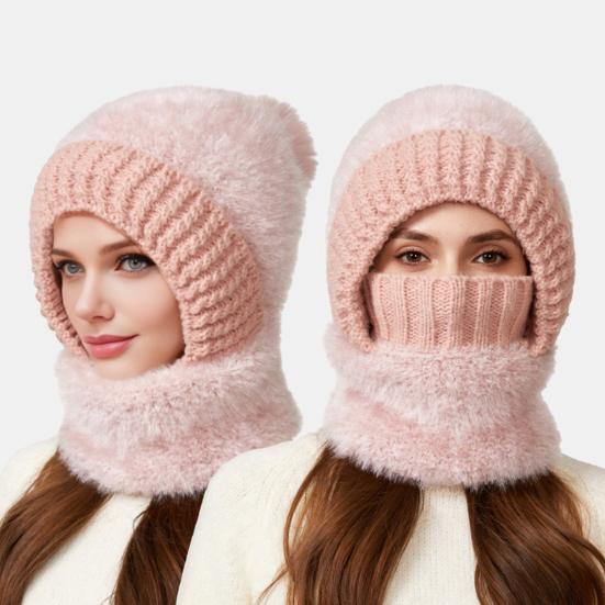 Yousheng Riding Headgear 3 In 1 Hat Scarf Face Guard Solid Color Plush Ball Decor Thickened Warm Windproof Winter Hat