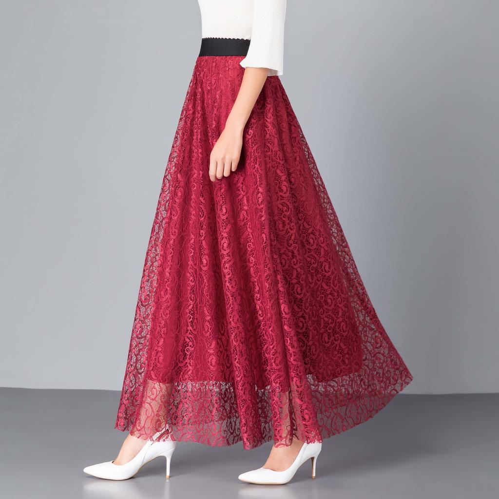 Женская весенняя элегантная кружевная эластичная полуюбка с высокой талией, темпераментная универсальная однотонная длинная юбка трапециевидной формы с большим подолом