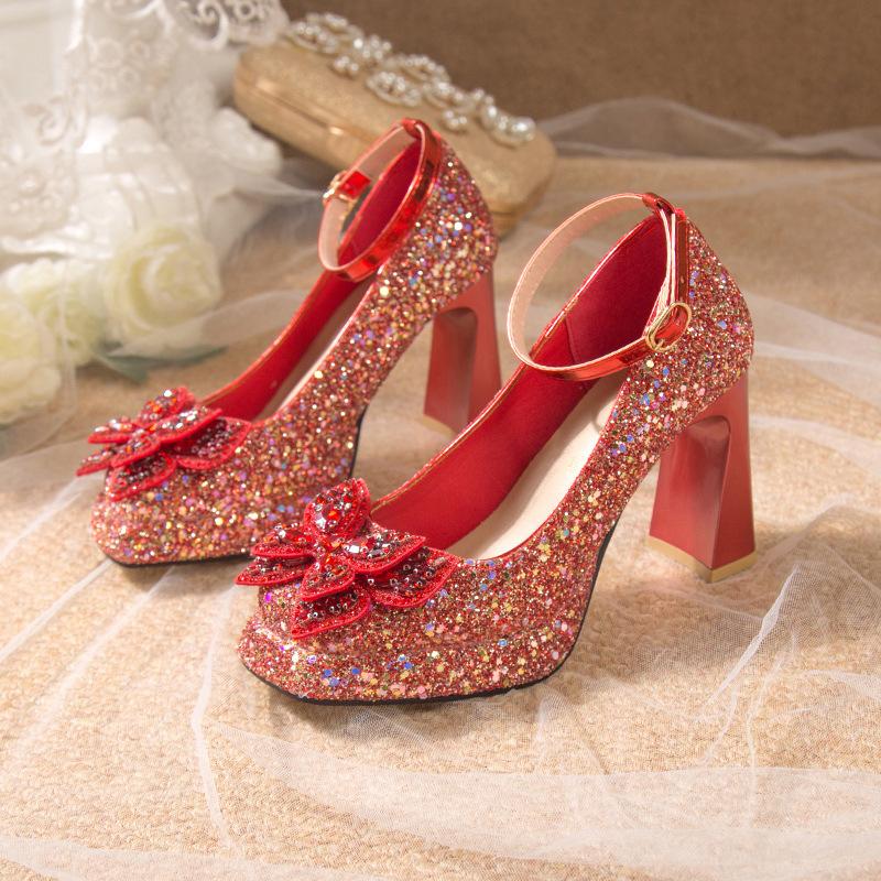 Comemore Women Pumps Rhinestone Mary Jane Women's Shoes Thick Bottom Ankle Buckle Wedding Bridal Chunky High Heels Single Shoes