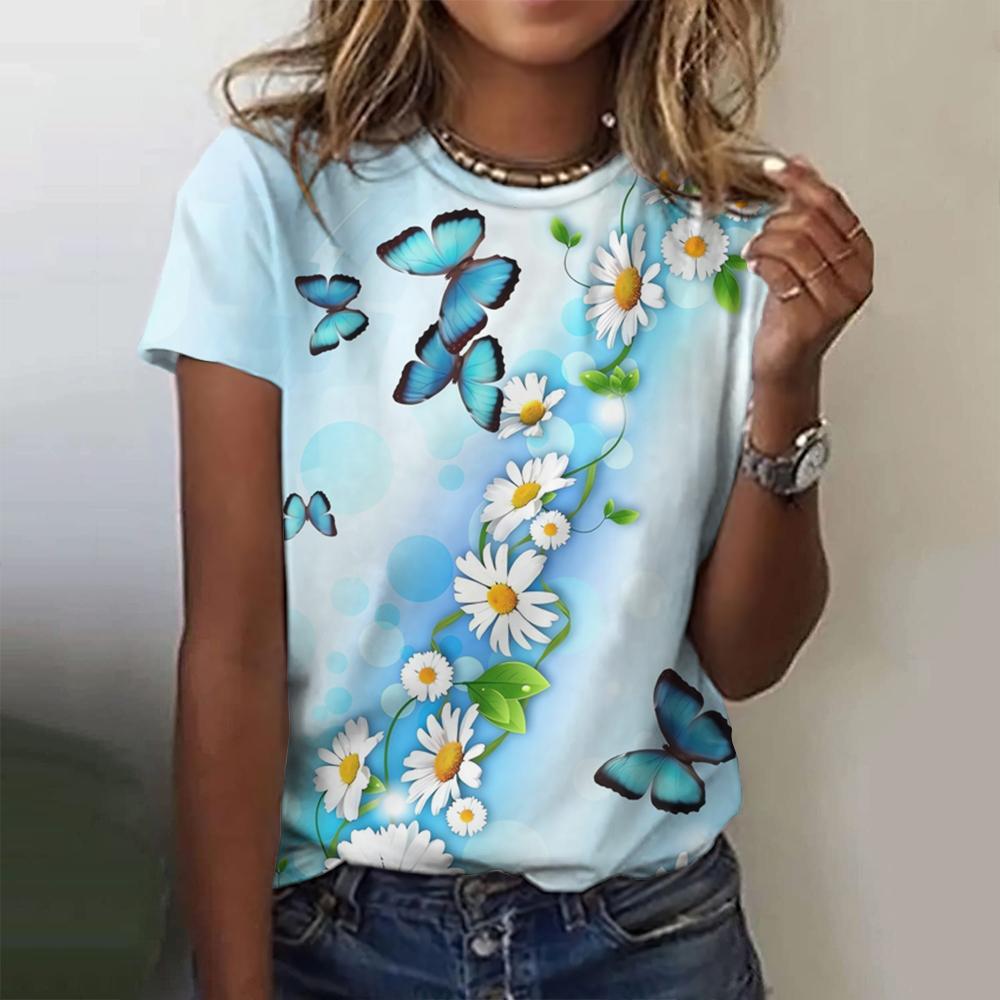 2024 Fashion Woman T Shirt 3d Butterfly Print Crew Neck Short Sleeve Tee Luxury Female T-Shirts Oversized Y2k Clothing For Girls