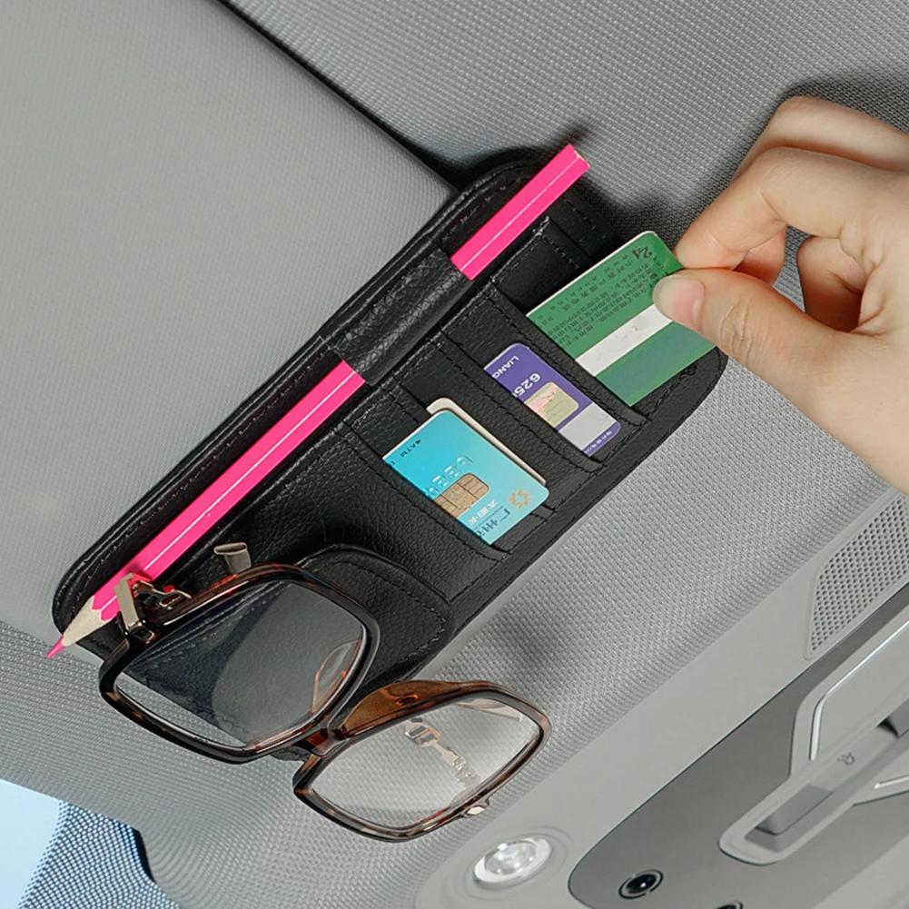 Солнцезащитный козырек с зажимом для очков, кожаный солнцезащитный козырек, сумка для хранения карт с несколькими карманами, подставка для крепления автомобильных аксессуаров для салона автомобиля
