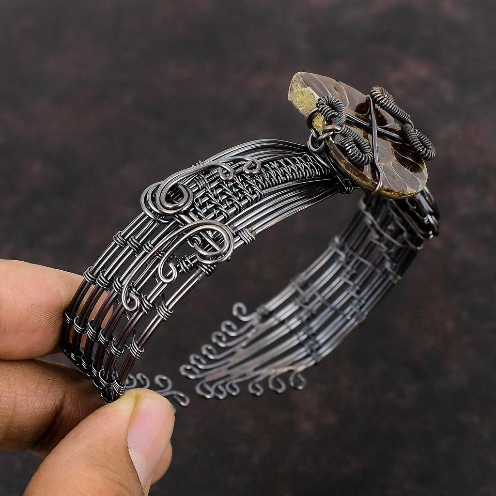 Браслет из аммонитовой окаменелой медной проволоки, браслет-манжета, браслет-манжета, регулируемая манжета, медная проволока ручной работы, ювелирные изделия, браслет из аммонитового ископаемого драгоценного камня