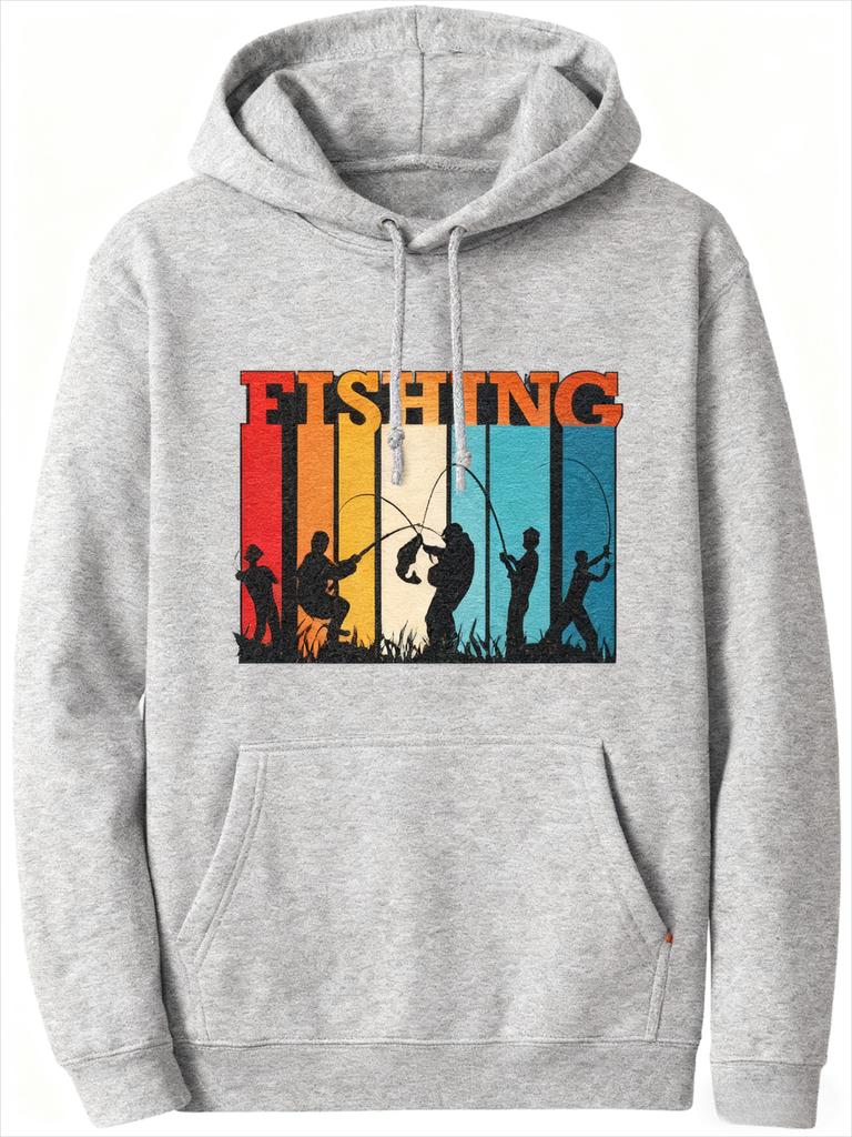 Vintage "FISHING" Graphic Hoodie, Retro Angler Silhouette Sunset Print Sweatshirt, Outdoor Enthusiast Top for Winter