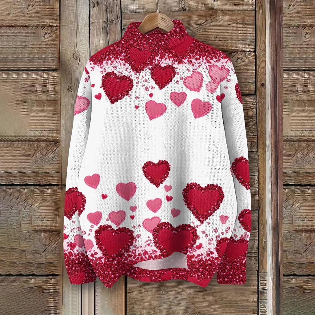 Женская мода, повседневная водолазка с круглым вырезом и длинными рукавами, с принтом ко Дню святого Валентина, трикотажный топ