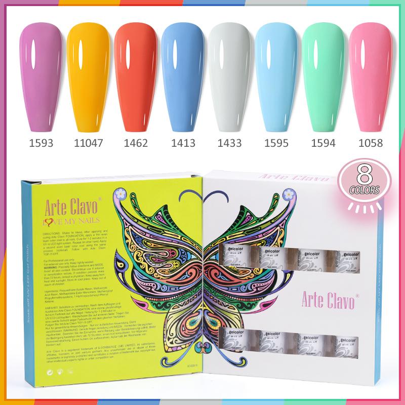 Arte Clavo 8 бутылок/набор, высококачественный блестящий гель-лак для ногтей для маникюра, гель-лак для дизайна ногтей, верхнее базовое покрытие, лак