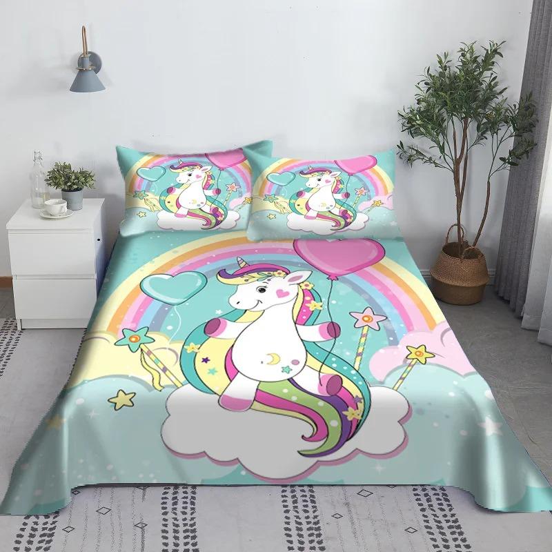 Multi Colored Unicorn Bed Sheet 3D Printed Cartoon Polyester Bed Sheet with Pillowcase, Children's Bedding Gift Set In Full Size