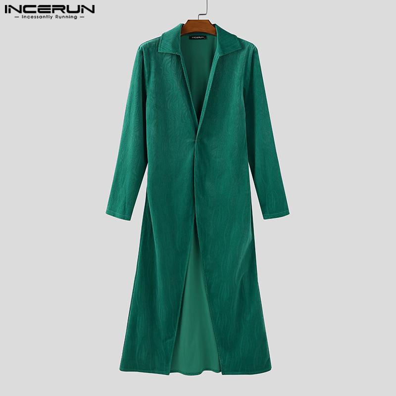 INCERUN Men Autumn Winter Long Sleeve One Button Casual Split Texture Long Tunic Tops Cardigan