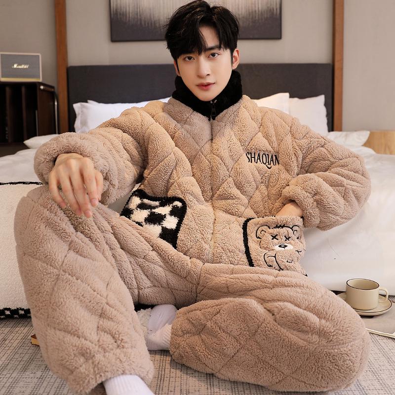 Men's Three-Layer Thickened Cotton Winter Pajamas - Warm, Simple, Luxury, and Suitable for Indoors and Outdoors.