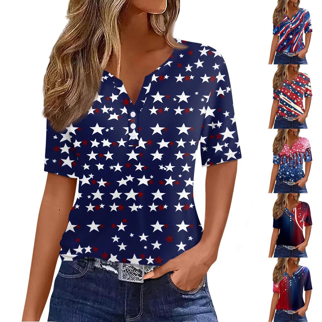 Women's T Shirt Independence Day Print Button Short Sleeve Daily Weekend Fashion Basic V- Neck Regular Top