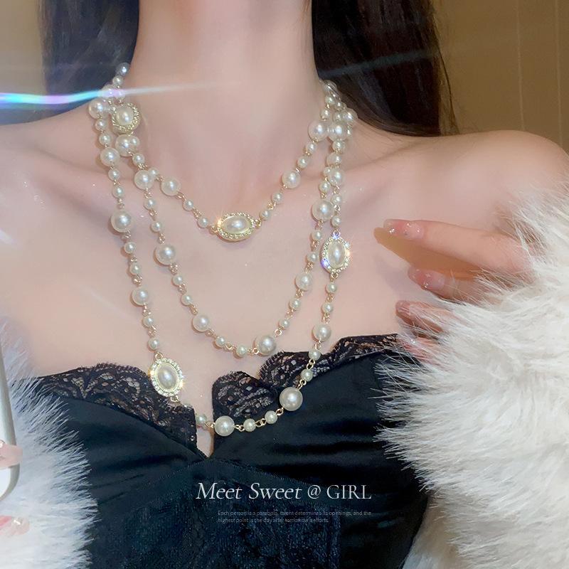 Преувеличенное длинное ожерелье из крупных жемчужин, многослойная нишевая цепочка для свитера в стиле легкой роскоши, накладное ожерелье, женские декоративные аксессуары