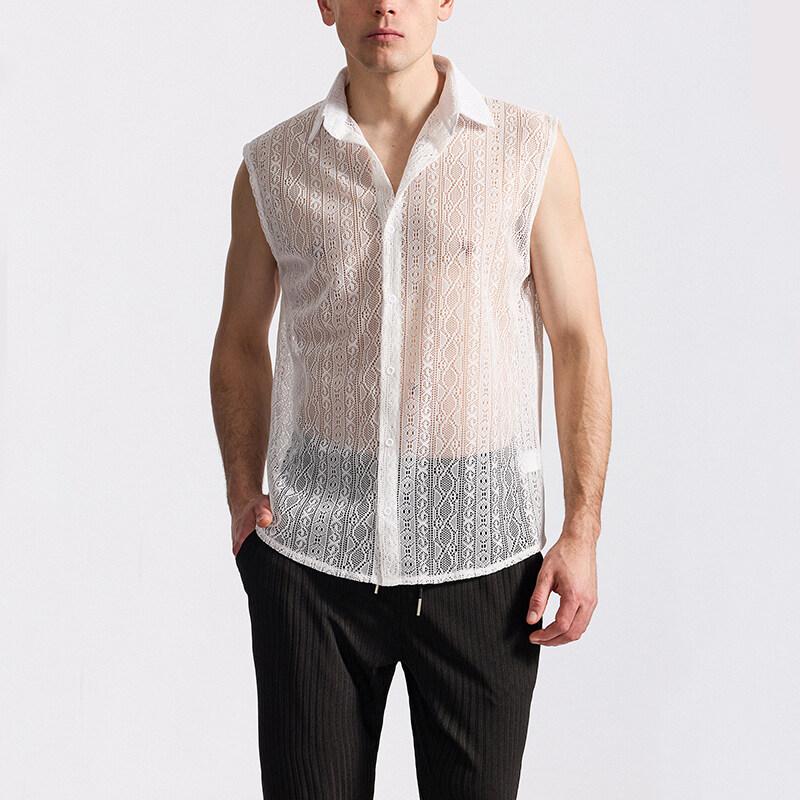 Летняя мужская сетчатая кружевная трикотажная рубашка уличная одежда без рукавов танцевальные рубашки перспектива ночные клубы диско топы для выступлений