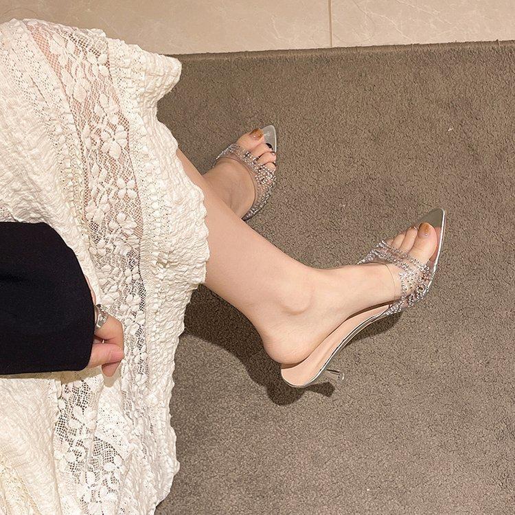 Модные новые летние женские босоножки на высоком каблуке, шпильке, из ПВХ, со стразами, шлепанцы с острым носом и открытым носком, слипоны, сандалии на тонком каблуке, слайды