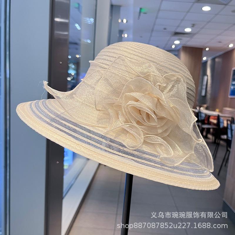 Hat women's summer mesh gauze hat woven single flower small fragrant wind sun hat travel sun hat ins wind organza hat