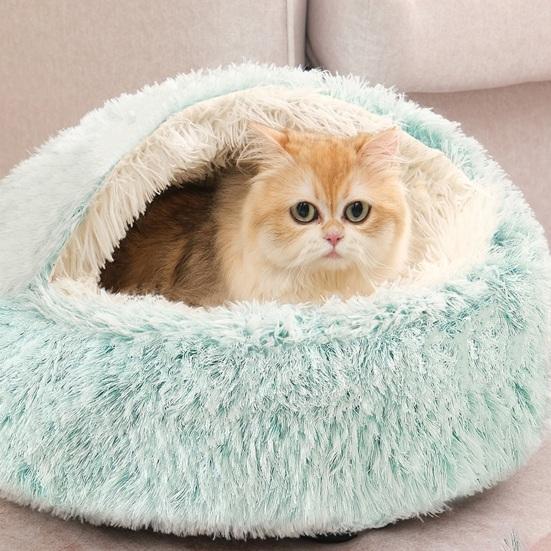 Кошачья плюшевая кровать из искусственного меха с пушистым капюшоном, успокаивающая кошачья кровать-пещера, зимнее уютное круглое гнездо для домашних кошек и маленьких собак