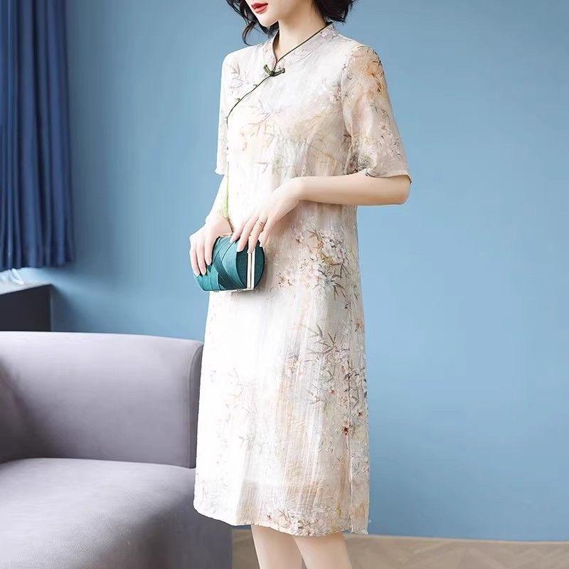 Роскошное шелковое платье-чонсам в китайском стиле для женщин с короткими рукавами, элегантное платье для мам длиной выше колена
