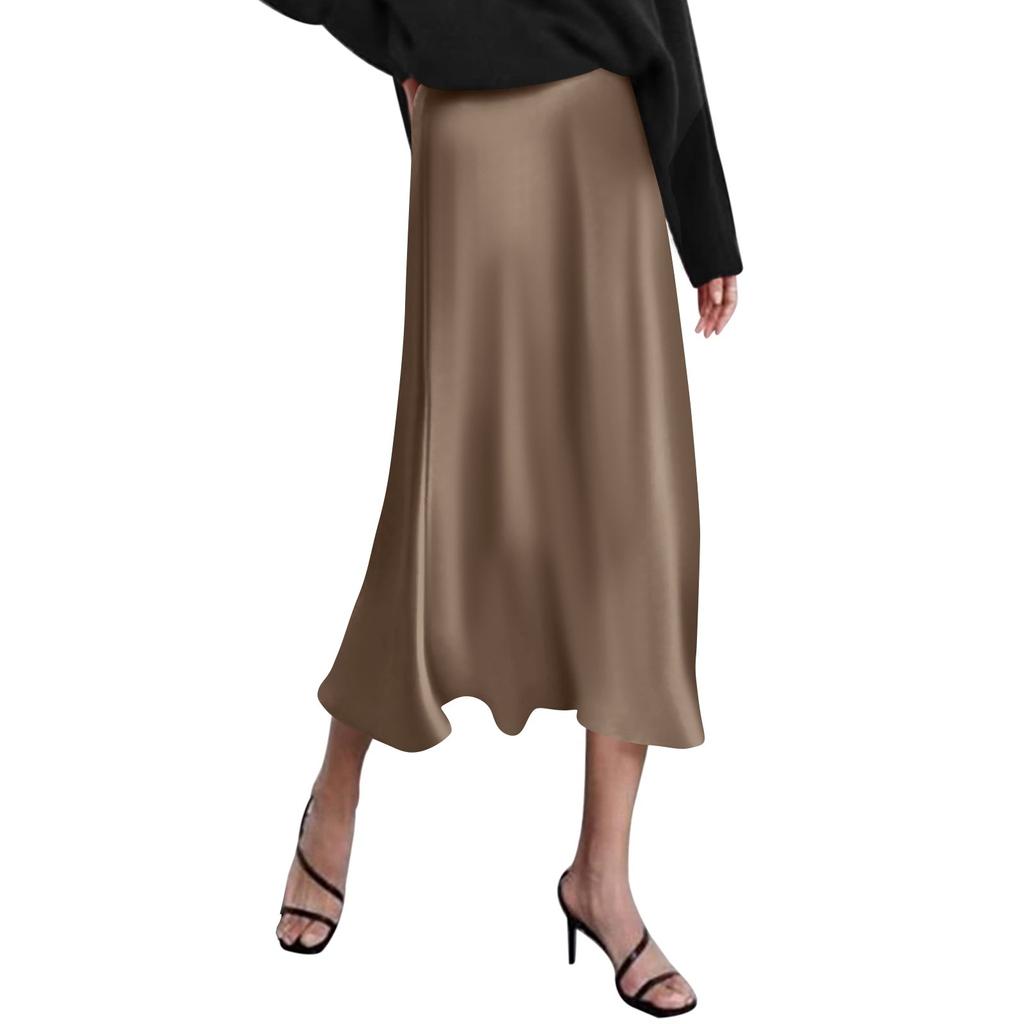 Women's High Waist Skirt Women's A-line Skirt Summer Solid Color Midi Skirt High Waist