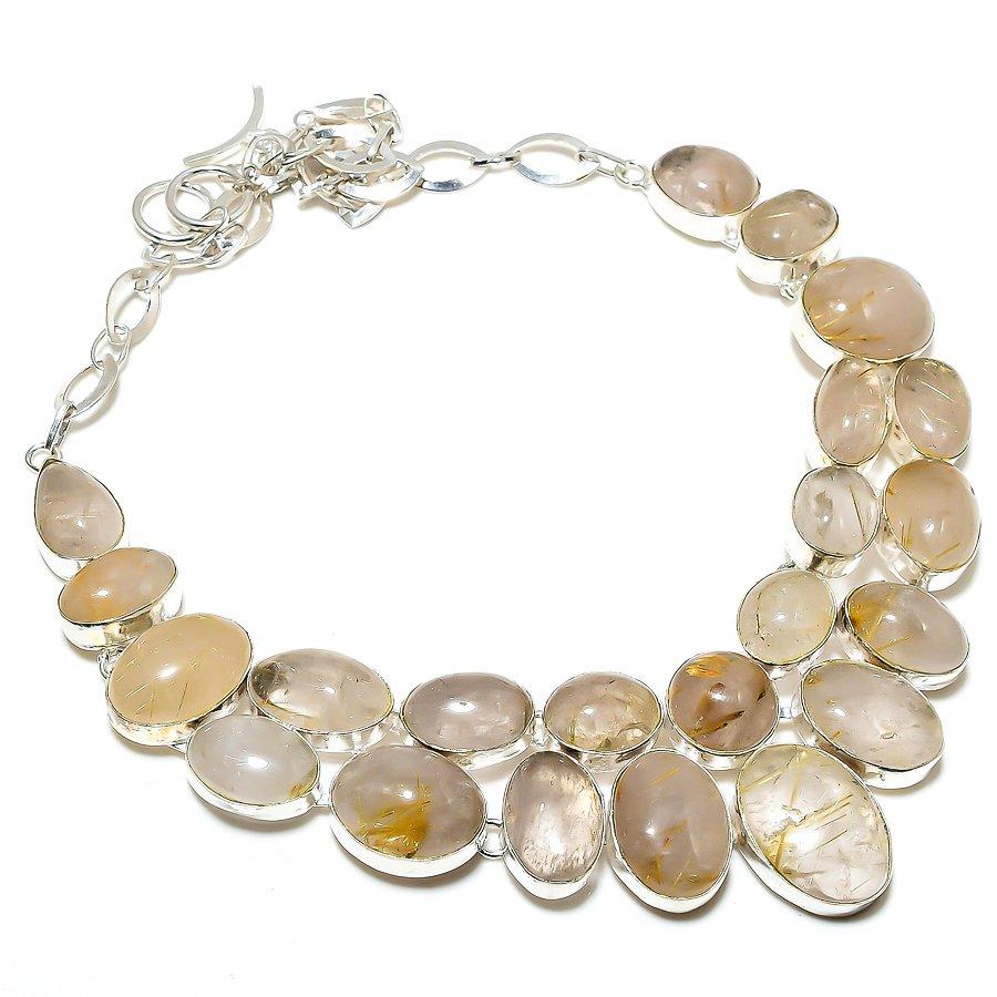 Golden Rutile Gemstone Handmade 925 Sterling Silver Jewelry Necklace 18" SU-9775