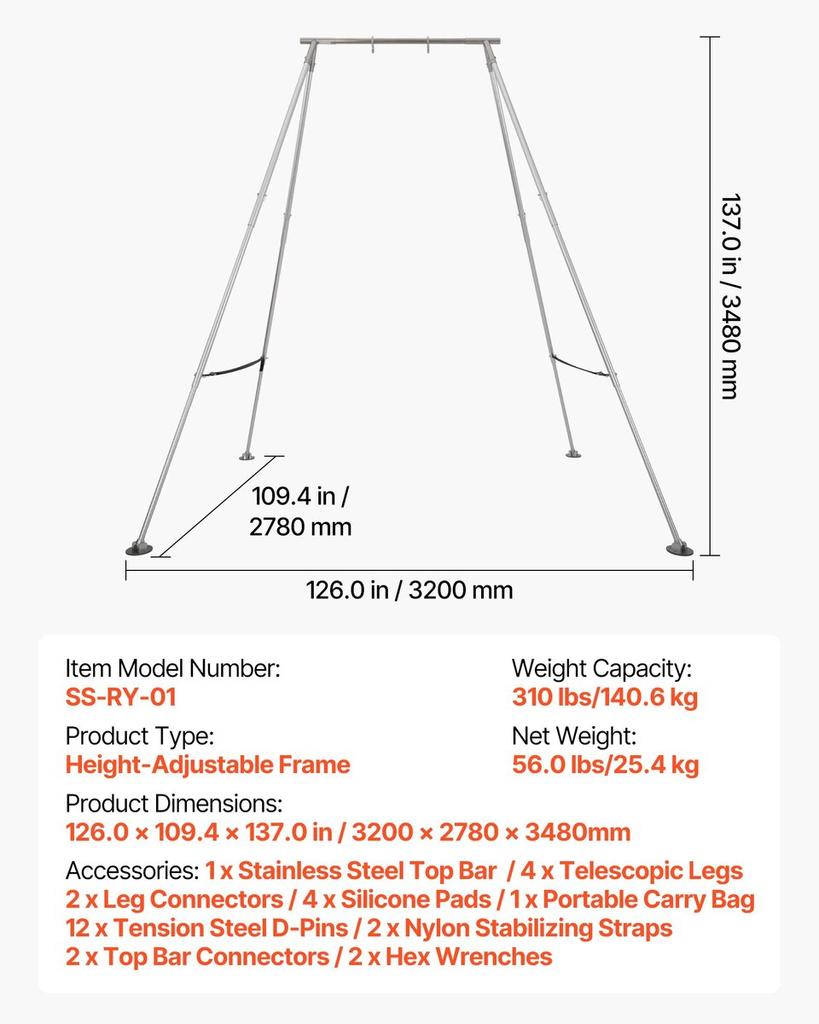 Yoga Stand Frame, Max 140.6 kg Load Swing Stand, Triangular Structure Pull Up Stands, Aerial Silk Stands with Height Adjustable & Aluminum Frame Legs,