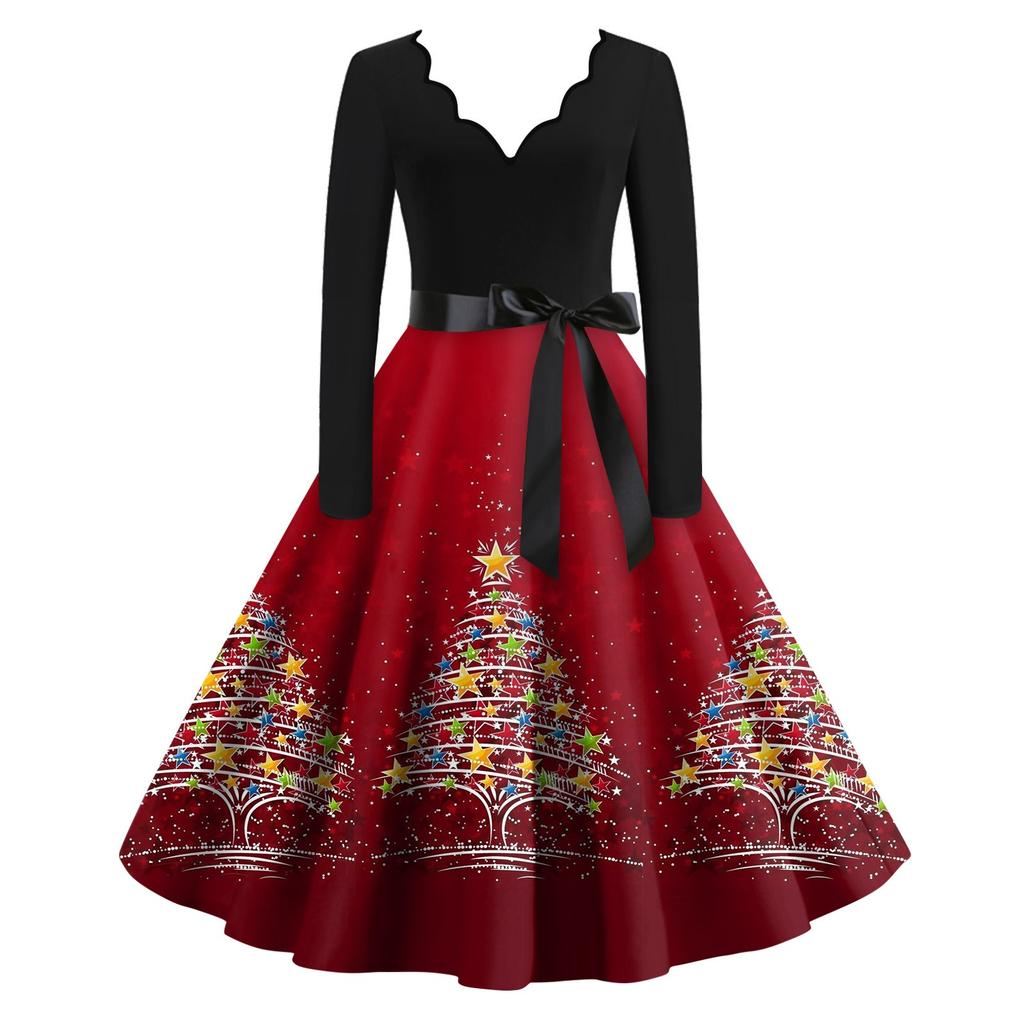 Женские модные повседневные тонкие рождественские платья с длинным рукавом с v-образным вырезом и принтом