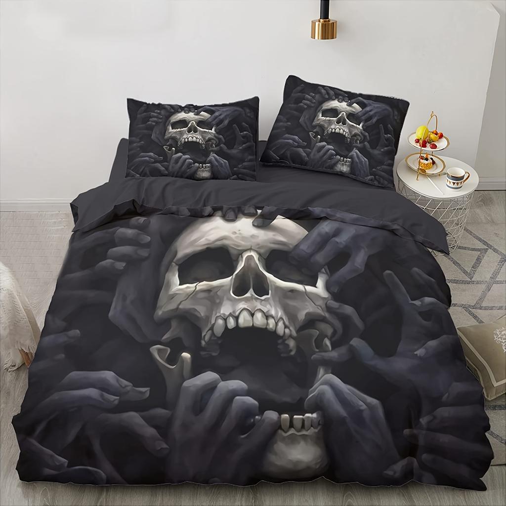 3pcs 3D Skull Printed Duvet Cover Set, Soft Cozy Anime Bedding Set For Bedroom & Guest Room, Home Bedding