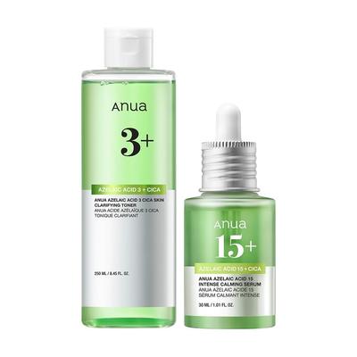 Набор Anua Azelaic Acid 3Cica Тоник для очищения кожи 250 мл + Интенсивно успокаивающая сыворотка 30 мл, 2-шаговый набор для жирной и комбинированной кожи