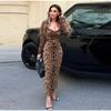 Chic Leopard Printed Low Cut Maxi Dresses Women Elegant Long Sleeve Wrap Hip High Waist Robes Female Party Dress