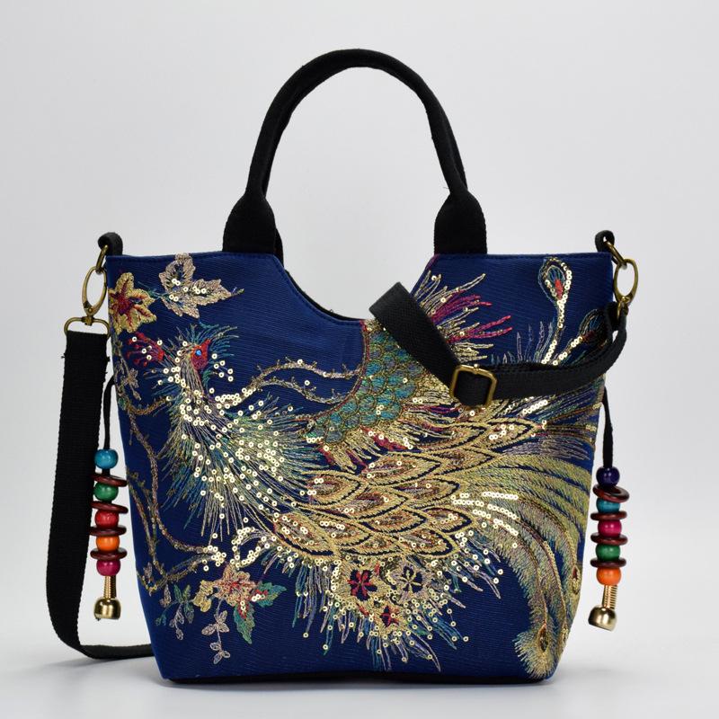 Yogodlns Women National Embroidery Canvas Zipper Handbag Peacock Stitch Shoulder Bag