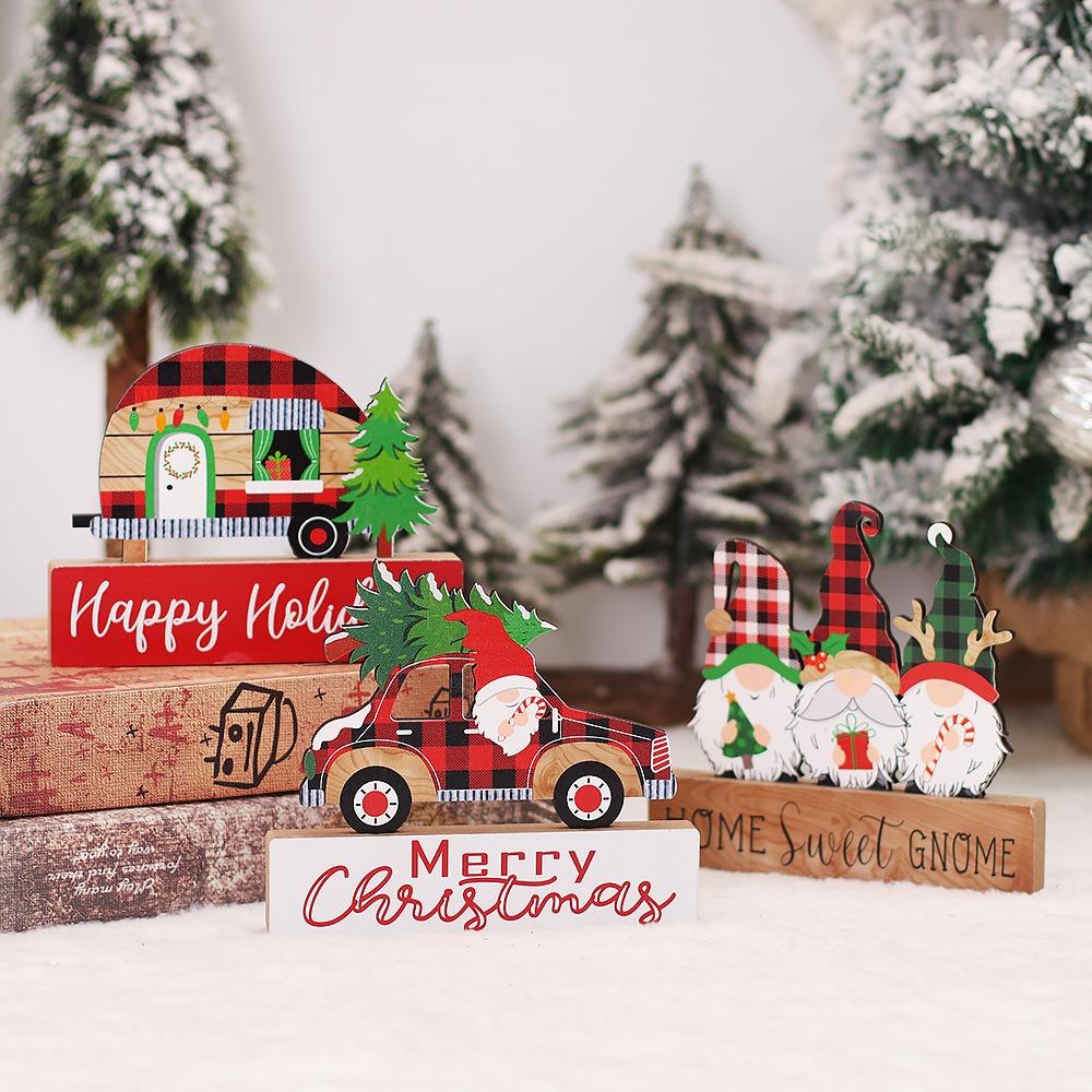 2Pcs DIY Christmas Desktop Ornaments Cartoon Table Centerpiece Santa Wood Plaque Signs New Years
