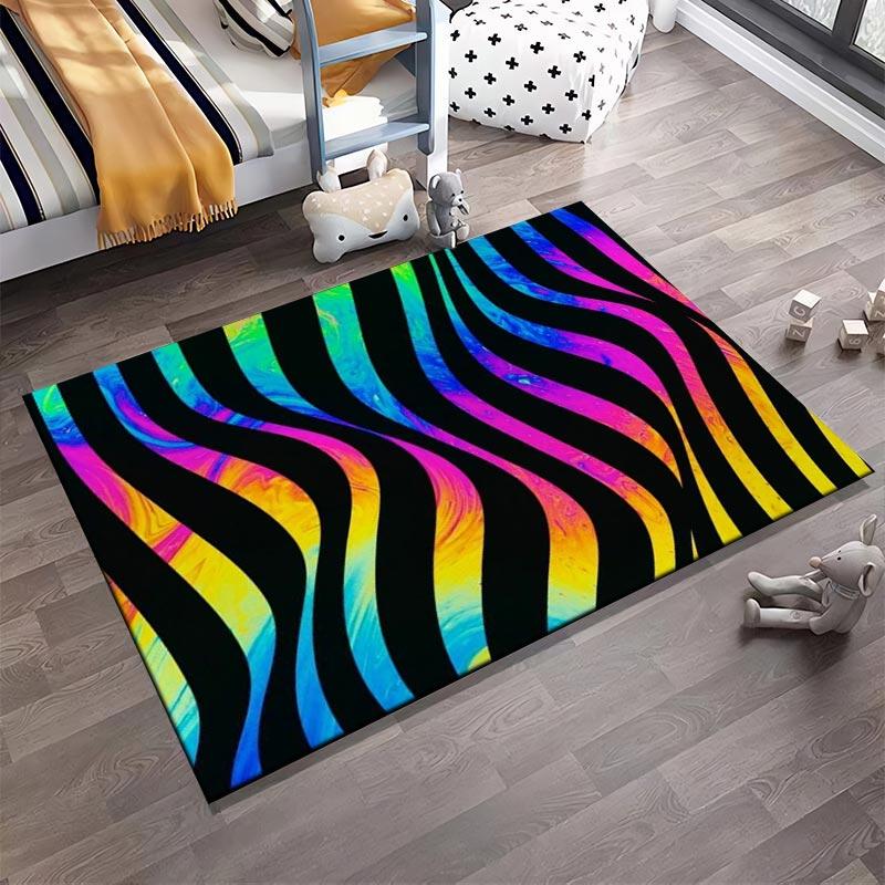 Colorful Abstract Wave Design Carpet with Vibrant Rainbow Stripes Suitable for use as an anti-slip for living room bedroom sofas